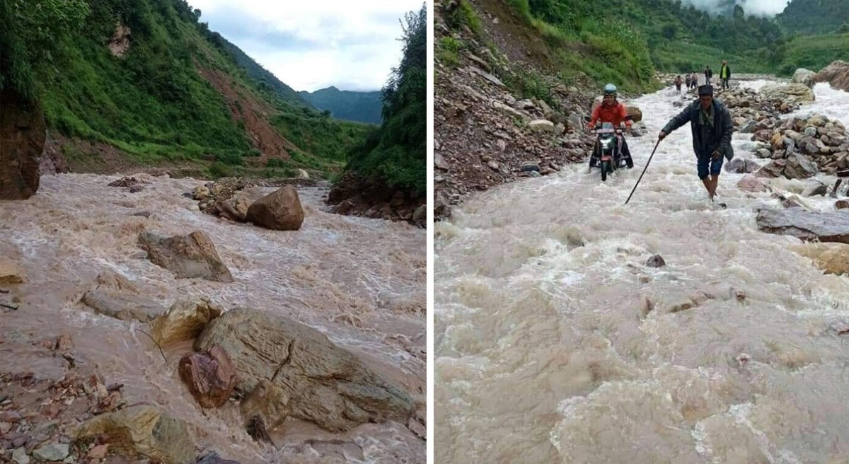 बाढिले सडक बगाएपछि बुर्तिबाङ–ढोरपाटन सडक अवरुद्ध