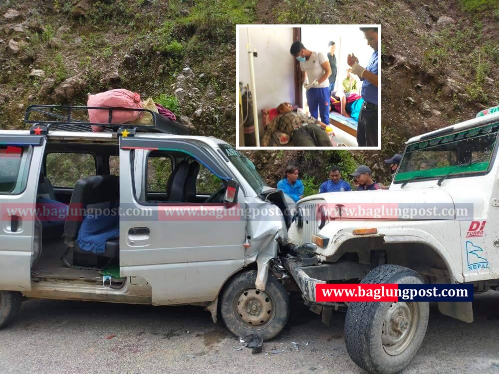 बागलुङको निसीखोलामा जीप र भ्यान ठोक्किँदा ५ जना घाइते